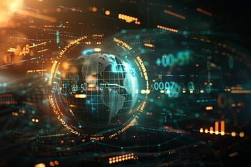Futuristic digital sphere with data visualizations, representing global technology, finance, and digital innovation