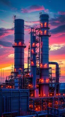 Fototapeta premium Night scene of an illuminated oil refinery against a colourful sky depicting sunset or sunrise. Tank farm and smokestacks releasing smoke against a background of bright reds,