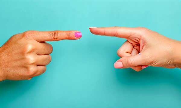 Two hands reach toward each other, fingertips nearly touching as a symbol of connection and intimacy, set against a vibrant blue backdrop that enhances the emotion