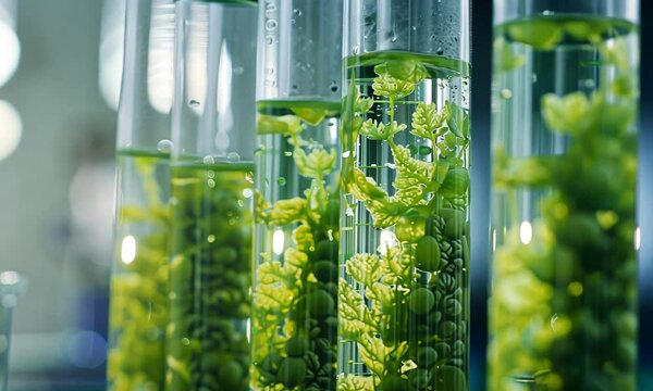 Witness the fascinating growth of vibrant green algae in laboratory tubes, where science meets nature, revealing intricate patterns and life forms in a controlled environment