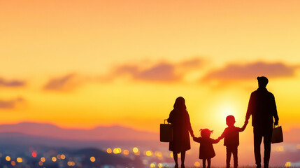 Fototapeta premium Family holding hands at sunset, silhouetted against a vibrant sky with a cityscape in the background