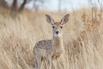 Fototapeta premium A young deer stands alert in a field of tall golden grass, exhibiting grace and natural beauty in its tranquil habitat.
