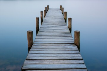 Fototapeta premium A wooden pier stretches out into a calm, serene lake, with tranquil water reflecting a peaceful and quiet atmosphere.