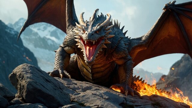 Majestic fire beathing dragon with huge wings sitting on the pile of rocks stones boulders. Mythical monster creature fantasy illustration concept wallpaper.