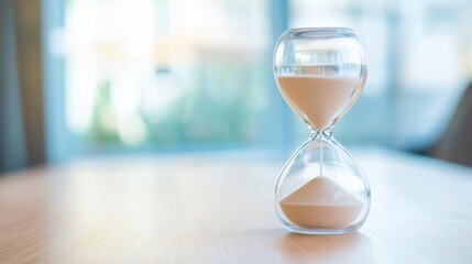 A transparent hourglass with white sand, placed on a light wooden surface, representing the passage of time in a tranquil setting.