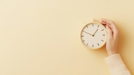 A hand holding a minimalist round clock against a soft yellow background, symbolizing simplicity and the importance of time management.