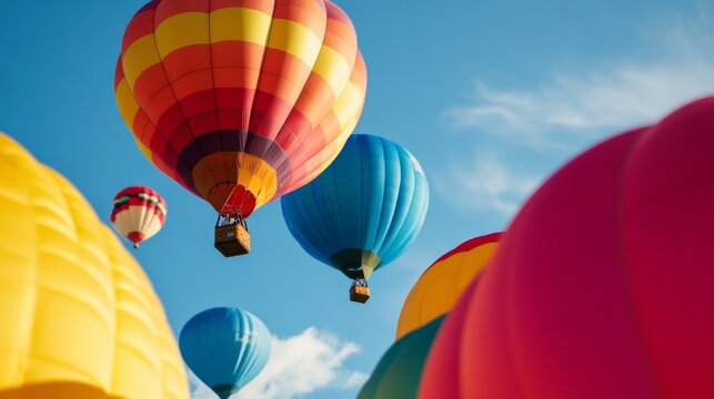 A colorful array of hot air balloons floating against a clear blue sky, evoking a sense of adventure and freedom.