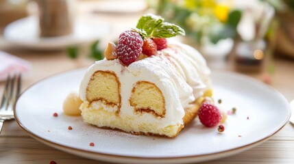 A slice of cake with a creamy topping and fresh berries, arranged beautifully on a plate, ready to be enjoyed as a delicious treat.