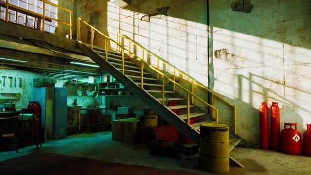 A staircase inside an old garage workshop leading up to a kitchen area in a building.