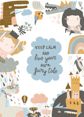 Cute magic frame composed of unicorns,dragon,princess and flowers