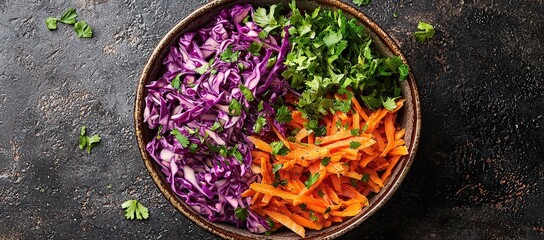 A bowl of colorful coleslaw with purple cabbage, orange carrots, and green greens on a dark background, viewed from above. 