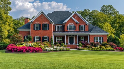 A large brick house with a lush green lawn and a flower garden