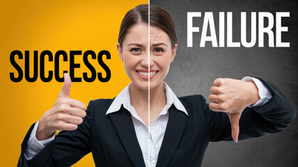 Caucasian Businesswoman On A Split Image, On The Left The Woman Representing Success And On The Right Representing Failure