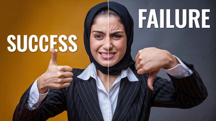 Arab Muslim Businesswoman On A Split Image, On The Left The Woman Representing Success And On The Right Representing Failure