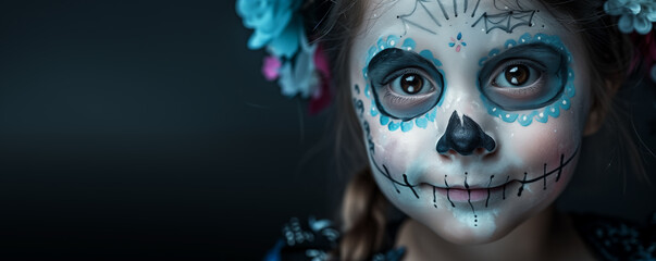 Naklejka premium Small cute girl with skull makeup and Halloween skeleton costume over dark background. Banner with copyspace. Shallow depth of field