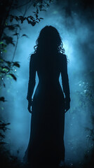 Fototapeta premium A mysterious female silhouette stands in an eerie misty woods, creating a haunting and enigmatic atmosphere. Perfect for horror, Halloween, or fantasy themed content.