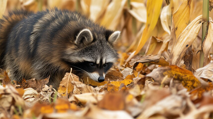 収穫後のトウモロコシ畑を調べるタヌキ