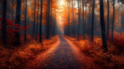 Obraz premium Autumn Pathway: A tranquil forest path covered in a thick layer of vibrant fallen leaves, winding through tall trees with golden and red foliage, bathed in the soft, warm light of a late afternoon.