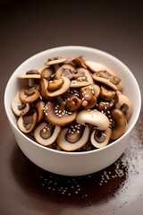 Earthy sliced mushrooms splash into a bowl of rich soy sauce, with vivid droplets and splashes against a dark brown background.