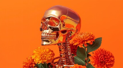 metallic glittering holographic orange skeleton with orange dahlias and marigolds on an orange background for Halloween