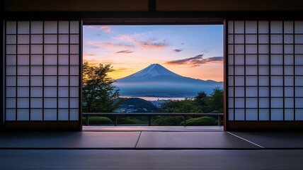 障子窓から夕暮れに映える富士山