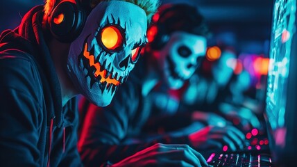 Vibrant scene of gamers in skull masks, immersed in gaming with colorful lights and intense focus, showcasing the thrill of competition.