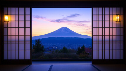 障子窓から夕暮れに映える富士山