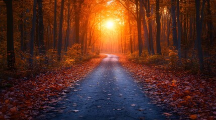 Fototapeta premium Autumn Leaf-Covered Path: A picturesque path in a forest, covered in fallen leaves of various colors, winding through tall trees adorned with golden and red foliage, with the soft light of a setting