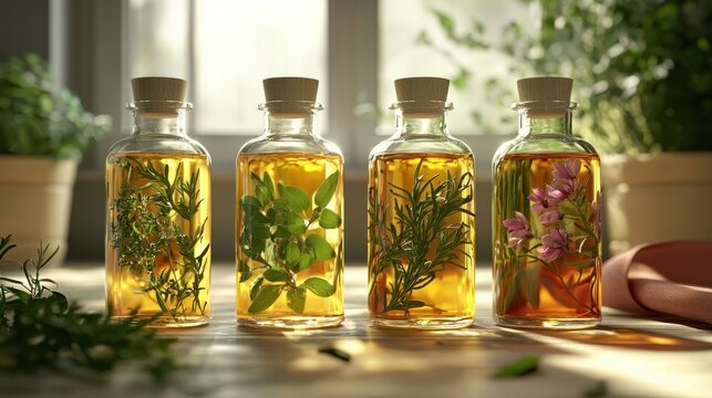 Wholesome Organic Herb-Infused Oils in Bottles with Herbs Inside - 3D Illustration of Natural Wellness Elixir