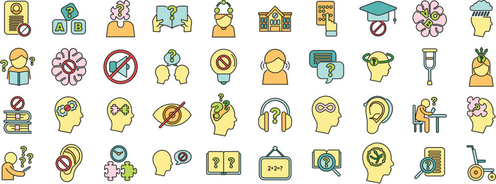 Diverse set of icons representing various aspects of learning difficulties, cognitive impairment, and mental health