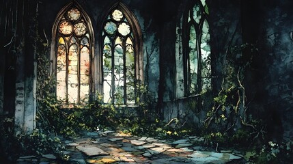 Fototapeta premium Ethereal Remnants Abandoned Gothic Church with Shattered Stained Glass and Creeping Vines