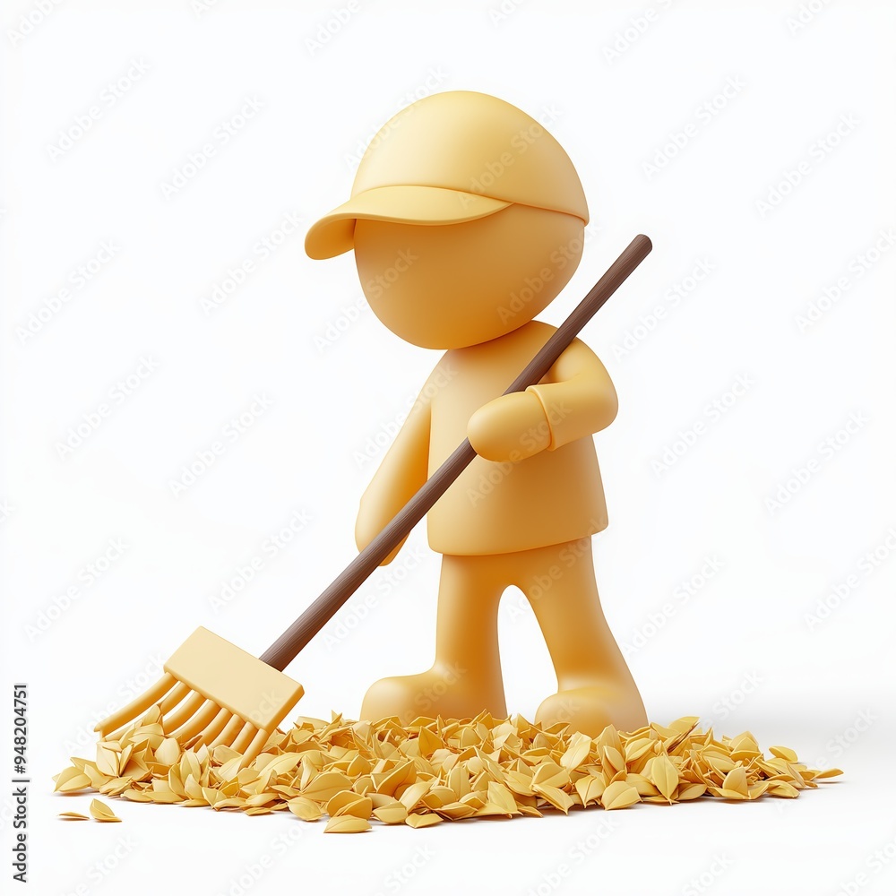 Wall mural Person raking leaves Cartoon Clay Illustration, 3D Icon, Isolated on white background