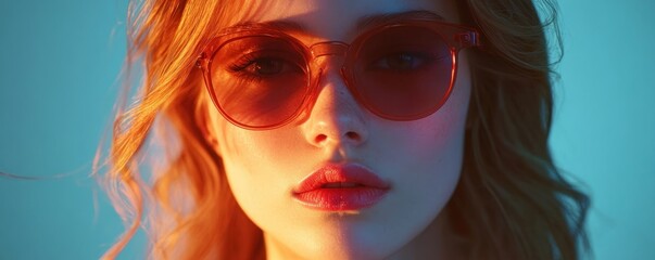 Obraz premium Intriguing Fashion Portrait with Sunglasses, Playful Light and Shadow, Mysterious and Enigmatic, Captivating Style, Bold Statement, Fashionable Sunglasses, Feminine Elegance, Chic Look, Trendy
