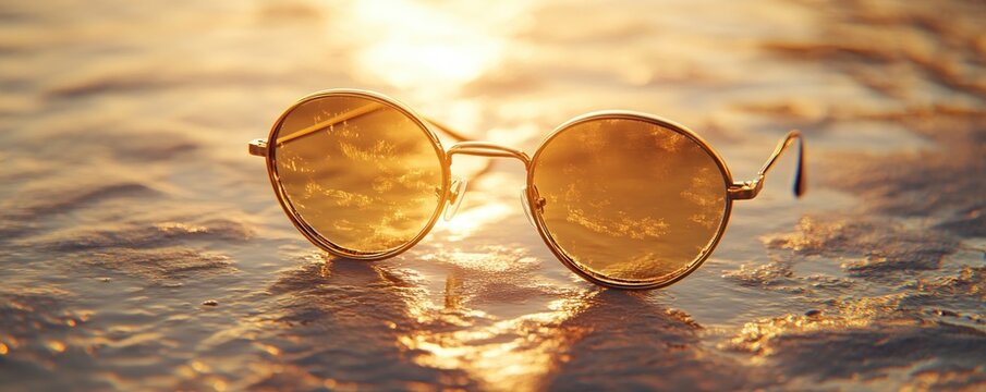 Luxury Round Sunglasses Reflecting Sunset, Gold Frame Lens, Beach Style, Summer Fashion, Eye Protection, Trendy Eyewear, UV Protection, Sunglasses For Women, Men Sunglasses, Stylish Sunglasses, Cool