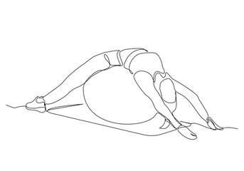 Continuous single line sketch drawing young energetic woman exercise sit up and stretch with fitness ball in gym fitness healthy lifestyle sport vector illustration