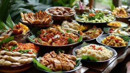 An assortment of food dishes displayed on a table, representing a mix of cultures and culinary traditions.