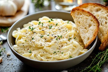 A bowl of creamy pasta with bread, garnished with herbs and pepper, on a rustic table.