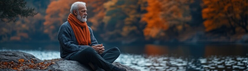 Senior Man Finding Peace in Autumn's Embrace A Moment of Solitude in Nature's Vibrant Hues Tranquil Fall Scenery with a Contemplative Senior Citizen Enjoying the Serene Beauty of the Season Golden