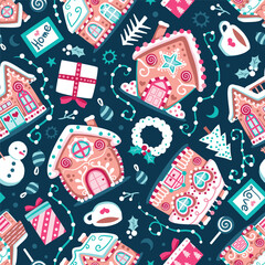 Seamless pattern with cute colorful gingerbread houses, presents and Christmas trees on a dark blue background. Repeated surface vector design.