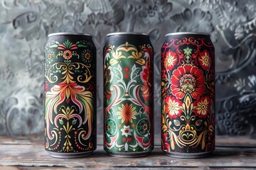 Artistic beverage cans with colorful floral designs displayed on a wooden surface against a textured background