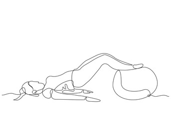 Continuous single line sketch drawing young energetic woman exercise sit up and stretch with fitness ball in gym fitness healthy lifestyle sport vector illustration