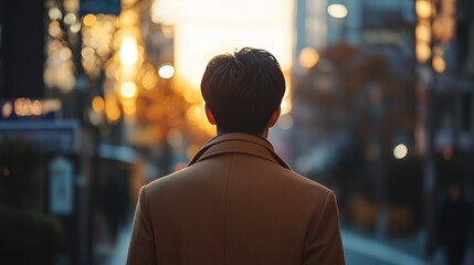 A person walks along a city street at sunset surrounded by glowing buildings and autumn foliage in the background