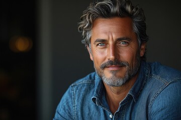 Obraz premium Joyful Middle-Aged Man in Denim Shirt Smiling Against a Simple Grey Background