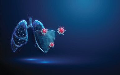 Abstract blue human lungs behind the futuristic guard shield attacted by red viruses. Lungs protection. Healthcare medical concept.