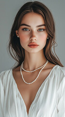 A woman with long brown hair and a pearl necklace