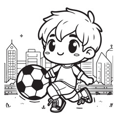 Boy play with ball side by skyscrapers coloring design for kid