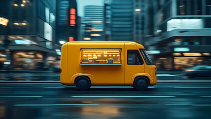 Fototapeta premium A vibrant yellow food truck speeds through a bustling city street, bringing energy and flavor to urban life.