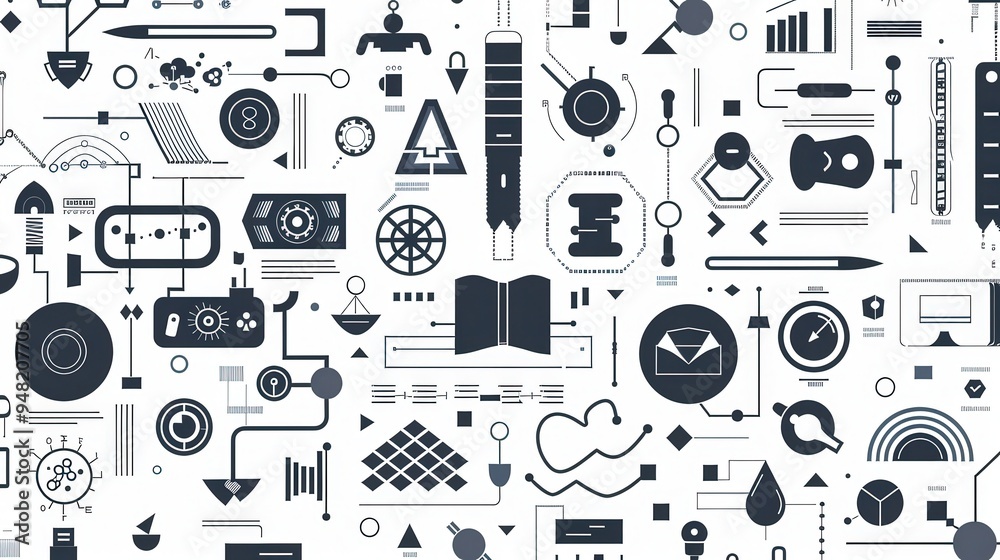 Poster featuring a repeating pattern of abstract icons and business-related symbols, this design uses a mon