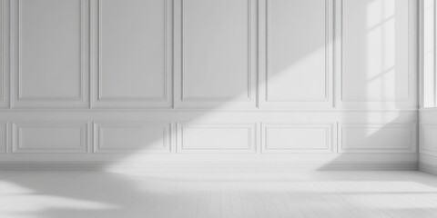 Obraz premium This serene and tranquil interior features pristine white walls adorned with classic moulding, polished hardwood floors, and soft, warm light gently pouring in through an inviting window