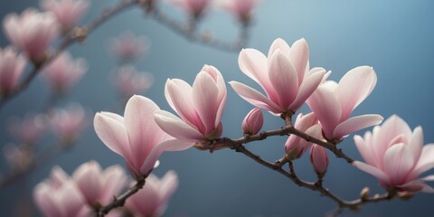 Serene pink magnolia blossoms on tranquil blue background.
